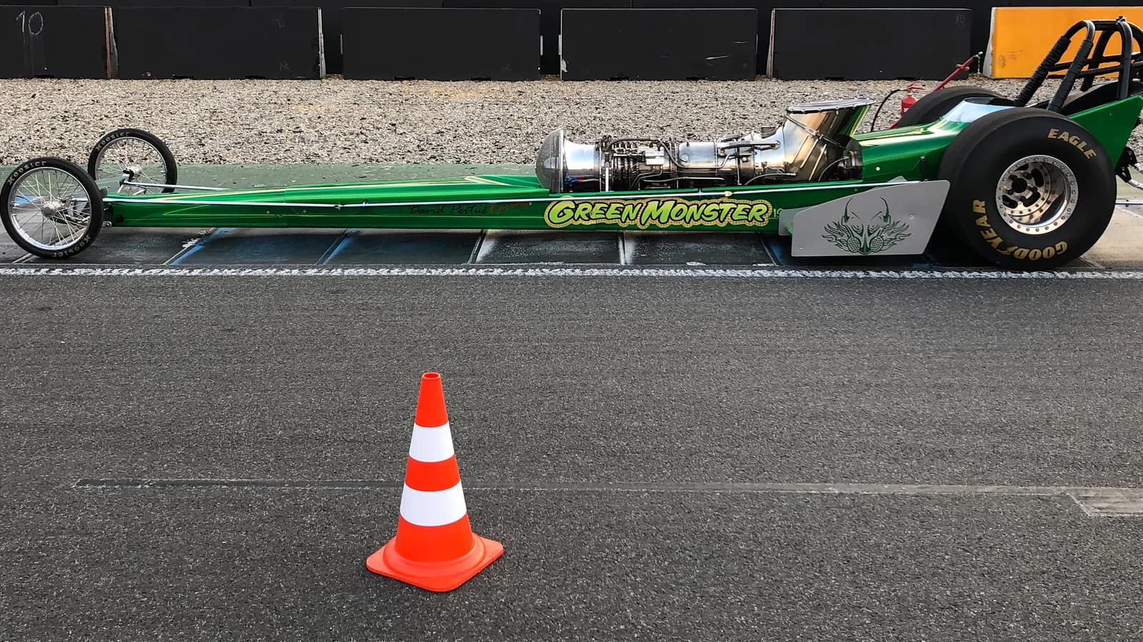 A replica jet dragster, "Green Monster #19," at the NitrOlympX drag racing event at Hockenheim