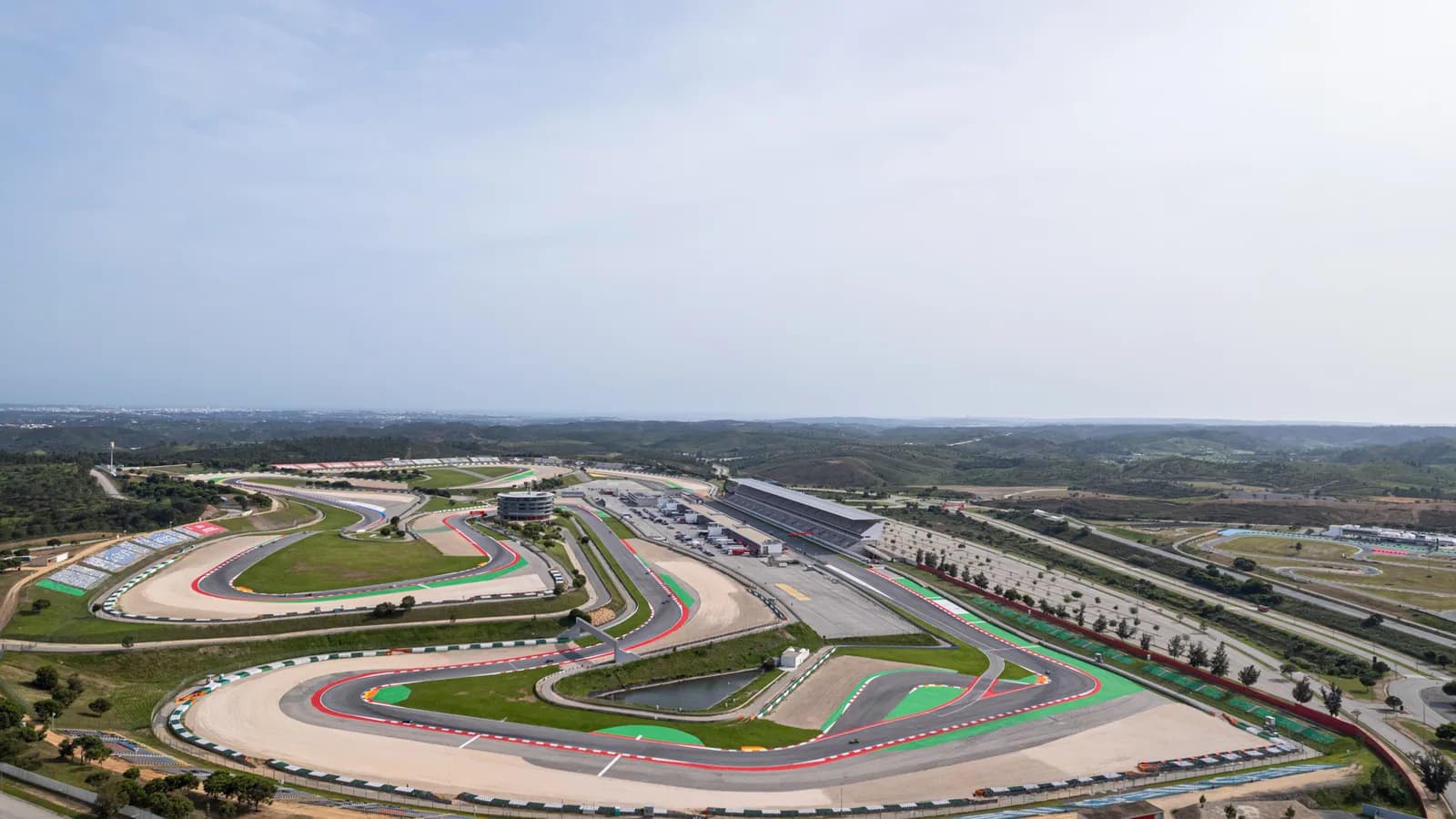 Aerial view of the Autódromo Internacional do Algarve race circuit in Portimão, Portugal